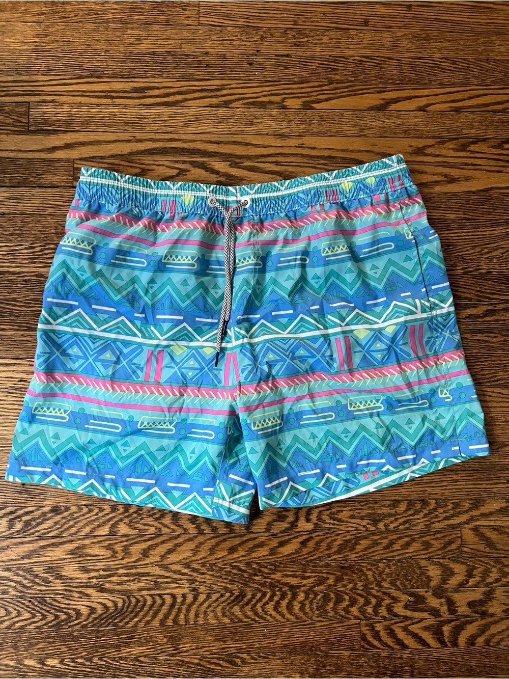 Men's Blue Geometric Swim Trunks - Drawstring Waist